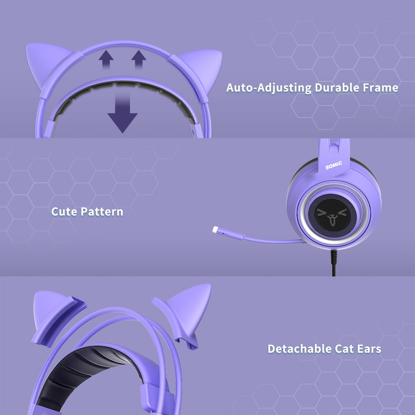 SOMIC G951S Purple Stereo Gaming Headset with Mic for PS4, PS5, Xbox One, PC, Phone, Detachable Cat Ear 3.5MM Noise Reduction Headphones Computer Gaming Headphone Self-Adjusting Gamer Headsets