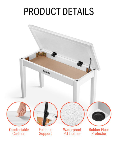 Donner Duet Piano Bench with Storage, Solid Wooden Keyboard Bench Piano Bookcase Stool Chair Seat with High-Density Sponges Padded Cushion, White