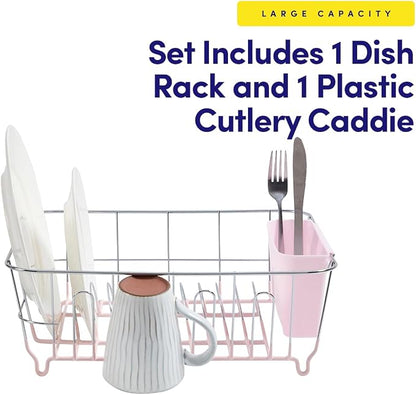 Dish Drying Rack & Cutlery Holder 2 Piece Set - Compact Sink-Fitting Dish Drainer with Rubberized Undercoating, Space-Saving Kitchen Organizer for Plates, Cups, Bowls & Utensils in Sink, Pale Pink