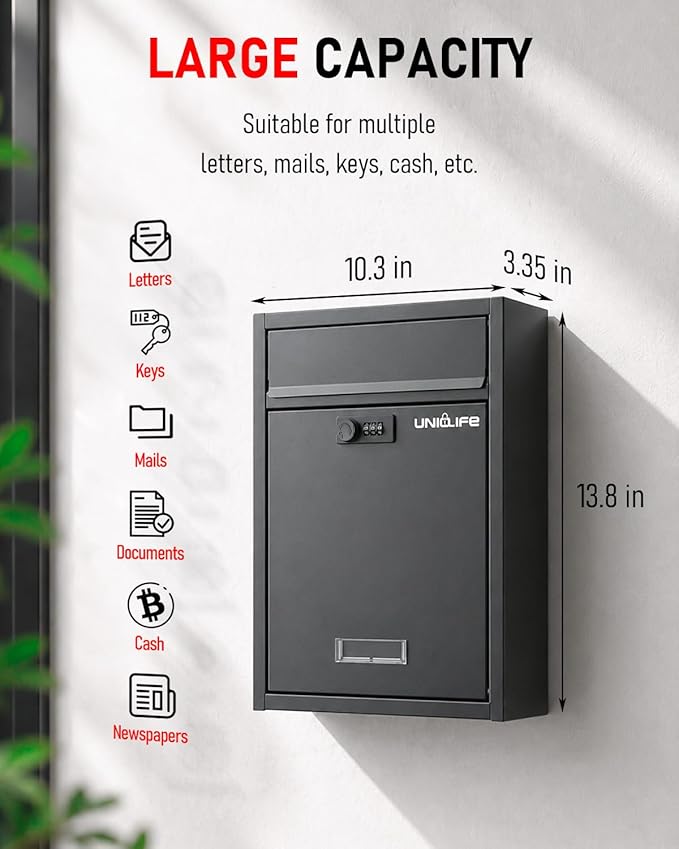 Uniclife Wall Mount Mailbox for Outside, Large Locking Mailbox with Combination Lock, Security Mail Box for House, Safe Key Drop Box, Post Box, Steel Cash Drop Box for Home Office School, Black