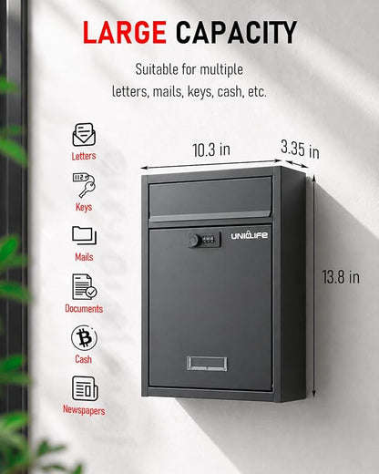 Uniclife Wall Mount Mailbox for Outside, Large Locking Mailbox with Combination Lock, Security Mail Box for House, Safe Key Drop Box, Post Box, Steel Cash Drop Box for Home Office School, Black