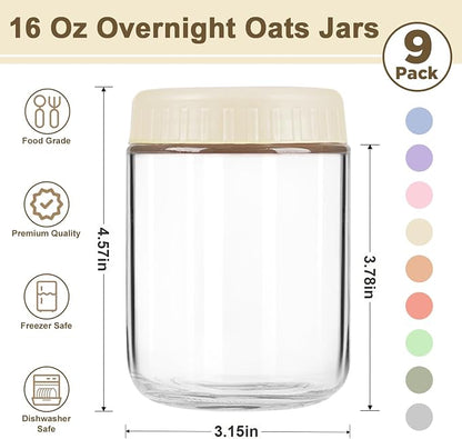 Overnight Oats Containers with Lids, 16oz Wide Mouth Mason Jars with Lids, 9 Pack Glass Jars with Airtight lid for Chia Pudding Yogurt Salad, Meal Prer Oatmeal Jars, Yellow