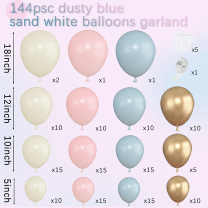 Gender Reveal Balloon Arch Kit, 144PCS Dusty Pink and Blue Balloons Chrome Gold Sand White Balloons for Boy or Girl Gender Reveal Boho Bachelorette Birthday Wedding Bridal Bear Theme Decorations