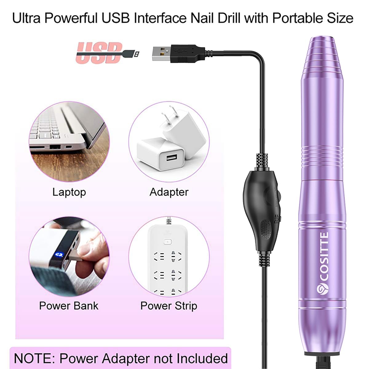 Electric Nail Drill,USB Electric Nail Drill Machine for Acrylic Nail Kit,Portable Electric Nail File Polishing Tool Manicure Pedicure Kit Efile Nail Supplies for Home Salon,Pink