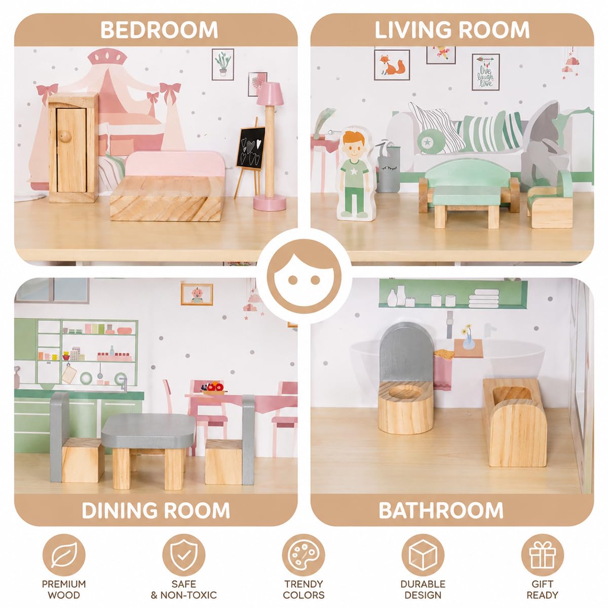 Wooden Dream Playhouse for Girls with Balcony,Doll House for Kids with Furniture,DIY Pretend Play House Toy, Children Dollhouses Toys with 12 PCS Accessories,Birthday Gifts for Boys Girls Ages 3+