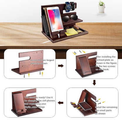 Gifts for Men Christmas, Wood Phone Docking Station, Mens Gifts for Birthday or Gifts for Dad Fathers Day, Desk Workspace Organizer Nightstand Organizer Key for Wallet & Watch Holder Husband Christmas