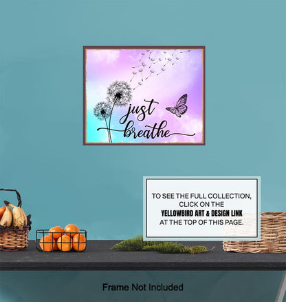 Just Breathe Wall Art - positive Quotes Purple Office Wall Decor for Women - Farmhouse Bedroom Inspirational Wall Decor - Motivational Shabby Chic Art - Zen Spa Wall Art, Butterfly Print
