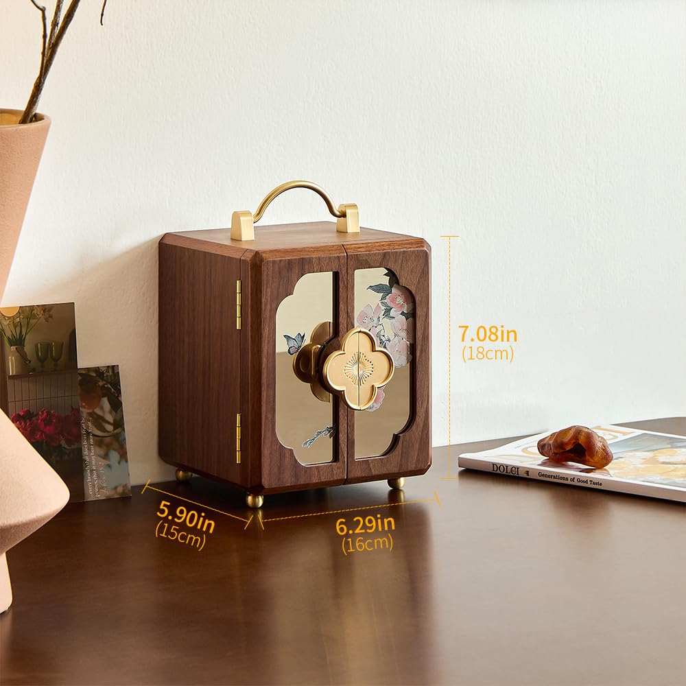 Wenseny Black Walnut Jewelry Organizer - Wooden Jewelry Box with Gold Handle & Mirrored Flowers, 4 Layers of Storage - Ideal for Women (Brown)