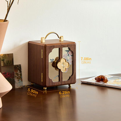Wenseny Black Walnut Jewelry Organizer - Wooden Jewelry Box with Gold Handle & Mirrored Flowers, 4 Layers of Storage - Ideal for Women (Brown)