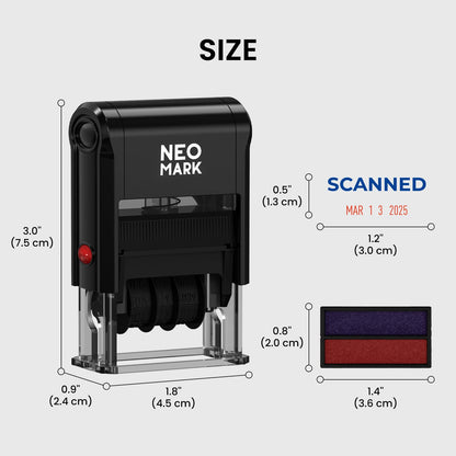NEO MARK Self-Inking Date Office Stamp with Scanned Blue Ink & Date Red Ink, 12-Year Adjustable Rubber Dater, Ideal for Documents, Business & Accounting - with an Extra Refill Ink Pad