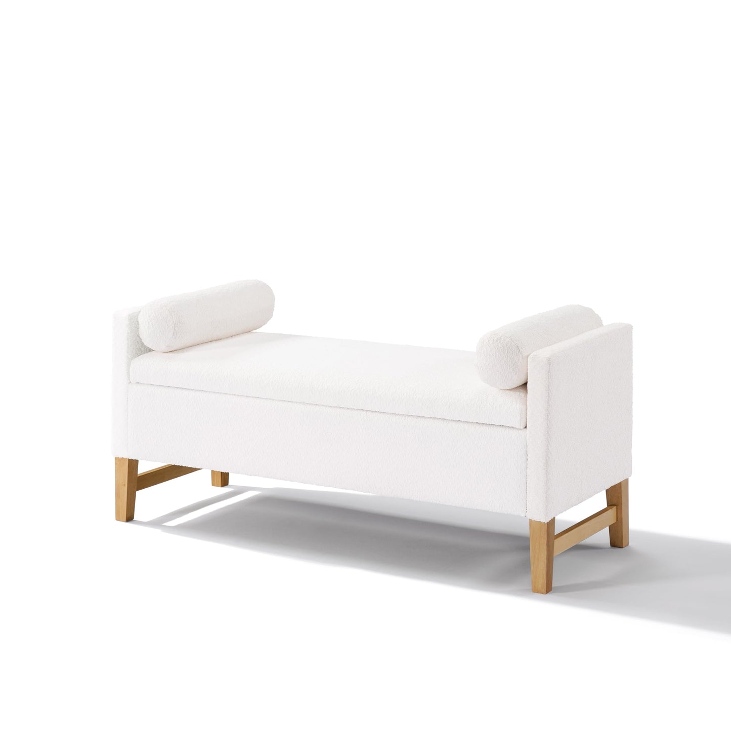 Christopher Knight Home Namo Boucle Upholstered Ottoman with Storage, Wooden Storage Ottoman Bench with Pillows, Long Entryway Ottoman Foot Rest, Bedroom End of Bed Foot Stools Ottoman, Natural+Ivory
