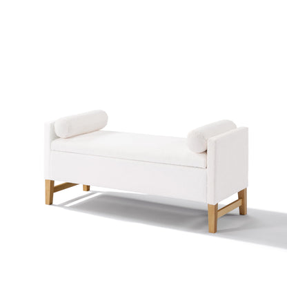 Christopher Knight Home Namo Boucle Upholstered Ottoman with Storage, Wooden Storage Ottoman Bench with Pillows, Long Entryway Ottoman Foot Rest, Bedroom End of Bed Foot Stools Ottoman, Natural+Ivory