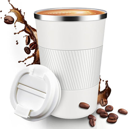 12OZ Travel Coffee Mug Insulated Coffee Cup with Spill Leak Proof Lid, Portable Stainless Steel Tumbler Reusable Hot and Cold Water Mug for Car, Daily, Camping- White