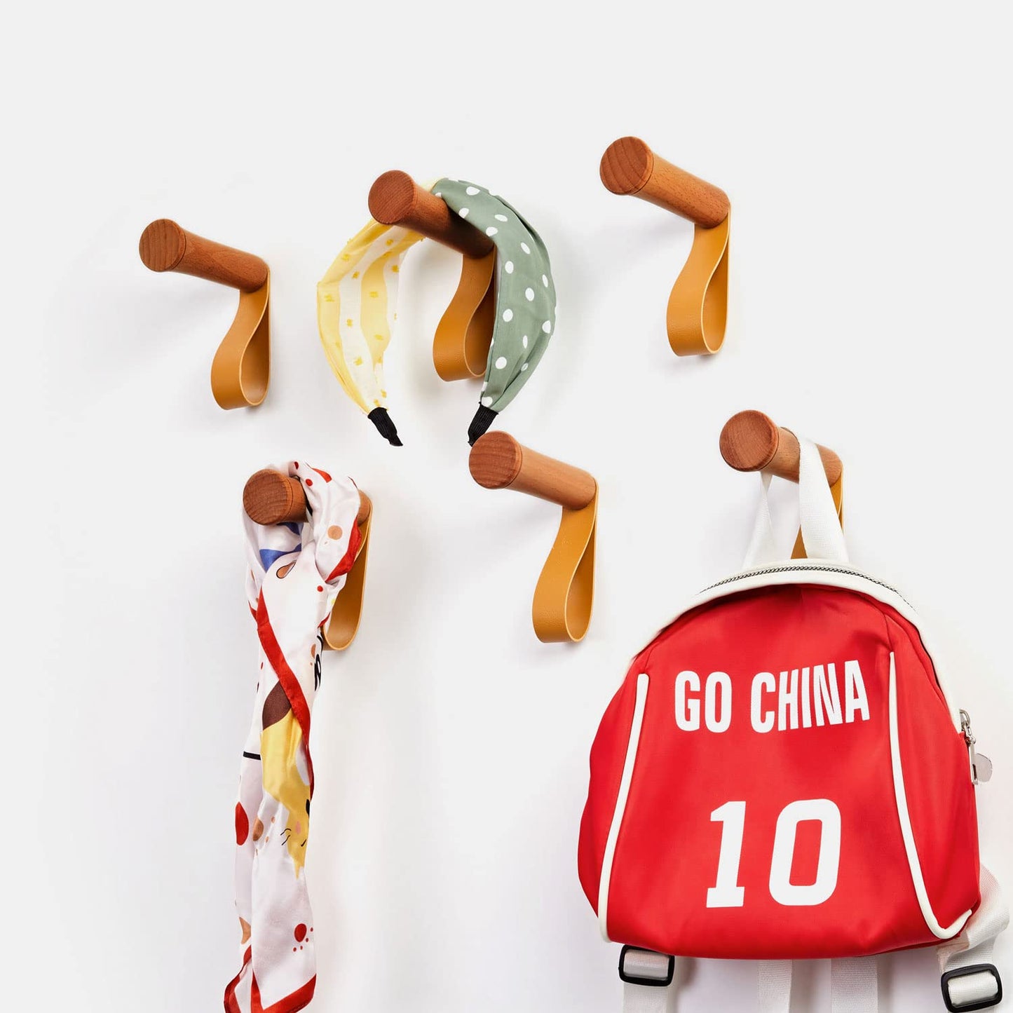 CoolCedar Adhesive Wall Hooks 6Pack Wood Hat Hooks Coat Rack Wall Mounted Extended Wooden Pegs for Hanging Keys, Cups, Baseball Caps, Pictures, Hat Hangers Rack with Leather (6Pack, Cherry-6cm)