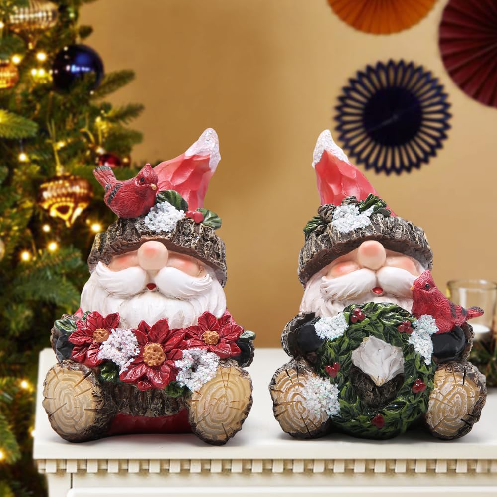 Hodao Christmas Santa Gnome Figurines, Set of 2 – Red Hat Woodland Gnomes with Cardinal, Poinsettia Bouquet & Holiday Wreath – Winter Decor & Gift for Tiered Tray, Mantel, Tabletop, Windowsill