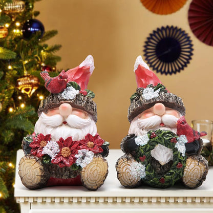Hodao Christmas Santa Gnome Figurines, Set of 2 – Red Hat Woodland Gnomes with Cardinal, Poinsettia Bouquet & Holiday Wreath – Winter Decor & Gift for Tiered Tray, Mantel, Tabletop, Windowsill
