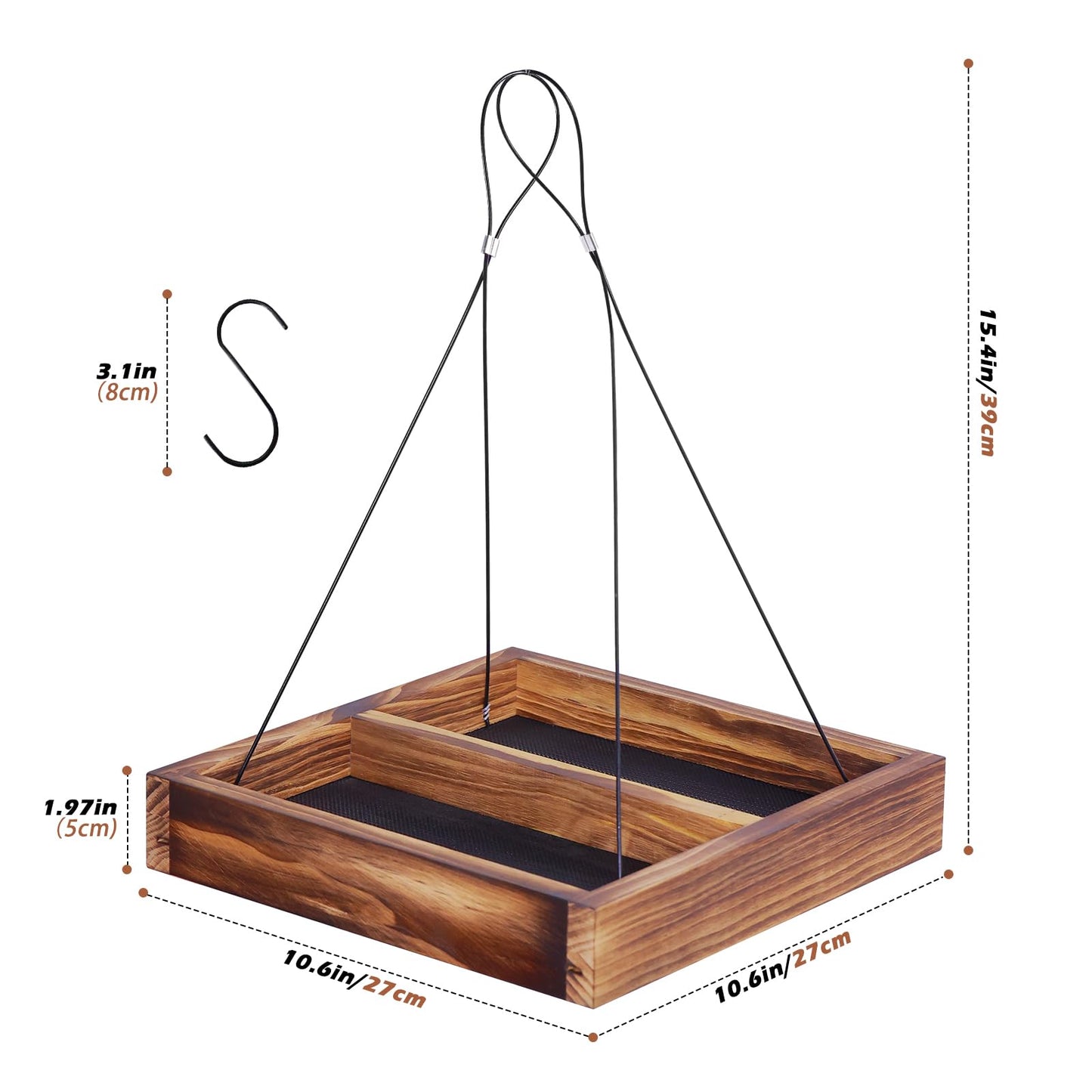 MIXXIDEA Bird Feeder Hanging Tray, Wooden Platform Hummingbird Feeder Mesh Seed Platform for Garden Yard Outside Decoration Attracting Wild Birds (Brown)