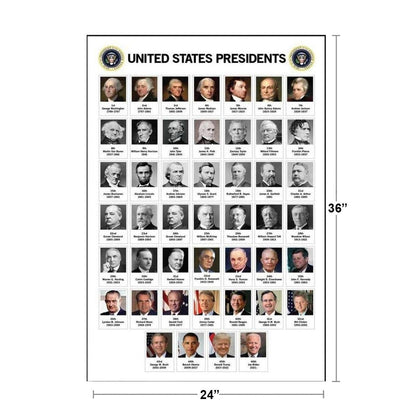 US Presidents Poster For Classroom Updated 2026 Edition Presidential Chart United States History Educational Every President Portraits Cool Wall Art Print Poster 24x36