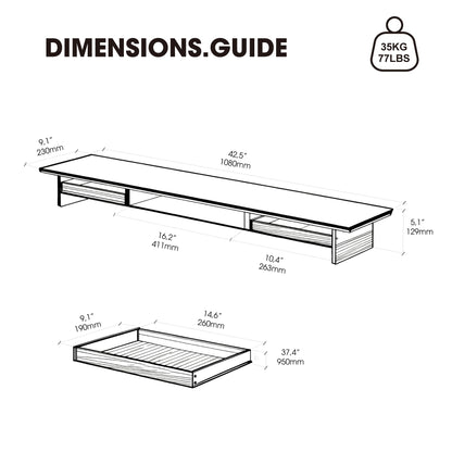 Fenge 42.5” Dual Monitor Stand Riser with 2 Felt-Lined Drawers, Aesthetic Metal and Wood Monitor Shelf with Acrylic Legs, 2-Tier Desk Organizer for 2 Monitors, Laptop, Printer, TV, Black