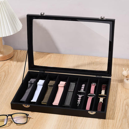 PH PandaHall 8 Slot Necklace Display Boxes, PU Leather Necklace Holder Organizer with Clear Window Watch Display Tray for Retail Store Jewelry Storage Stackable Necklace Display, Black