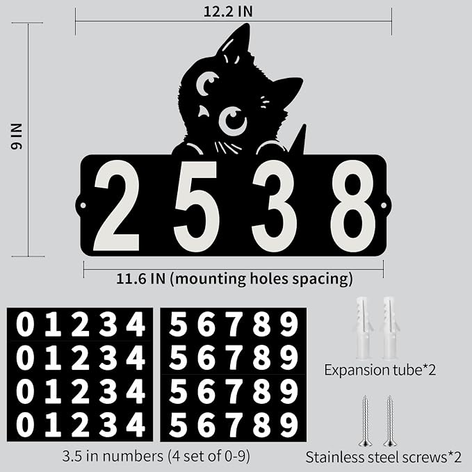 Metal Cat Address Plaque, Address Number, Waterproof, Horizontal & Vertical Mounted Address Sign for House Home Office Street Yard Mailbox