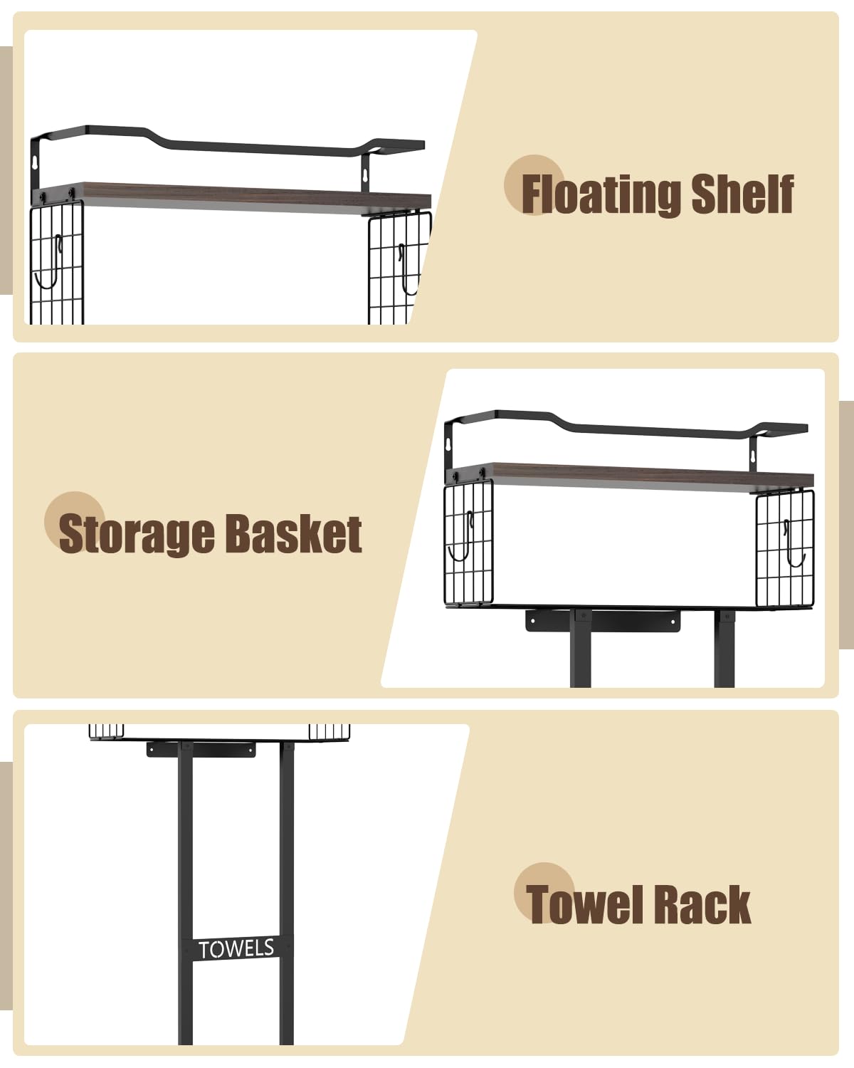 Large Towel Rack & Bathroom Towel Holder - Wall Mounted Metal Rack with Wooden Floating Shelf, Small Bathroom Towel Storage, Easy Holds 6 Large Rolled Towels, Black with Brown Plank
