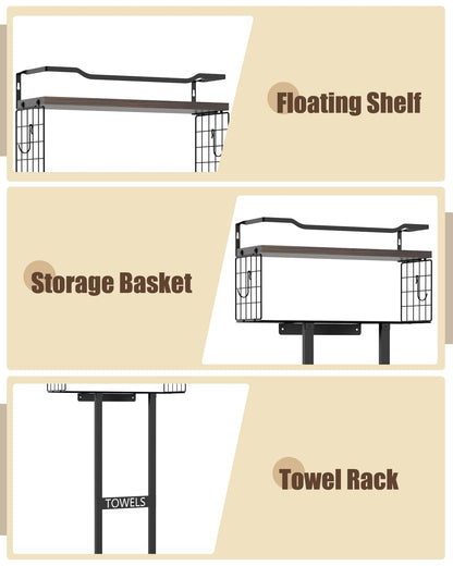 Large Towel Rack & Bathroom Towel Holder - Wall Mounted Metal Rack with Wooden Floating Shelf, Small Bathroom Towel Storage, Easy Holds 6 Large Rolled Towels, Black with Brown Plank