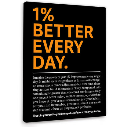 YEOION 1% Better Every Day Wall Decor,Black Motivational Quote Wall Art Canvas Frame Print for Home Office Workplace Wall Decor