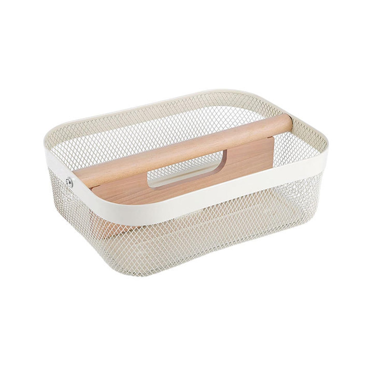 AJIODA Metal Mesh Steel Storage Basket, Garden Harvest Wire Organizer Basket Multi-functional Kitchen Fruit Basket with Wooden Removable Partition & Handle for Bath Picnic Decor Cabinet, Cream White