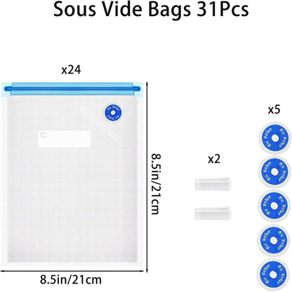 Reusable BPA Free Vacuum Sealer Bags (8.5 * 8.5in), 31 Pcs (24 Pcs Vacuum Zipper Bag & 2 Seal Clips & 5 Air Valves), Plastic, Clear, Double Zipper Seal, Microwaveable, Food Storage, Cooking