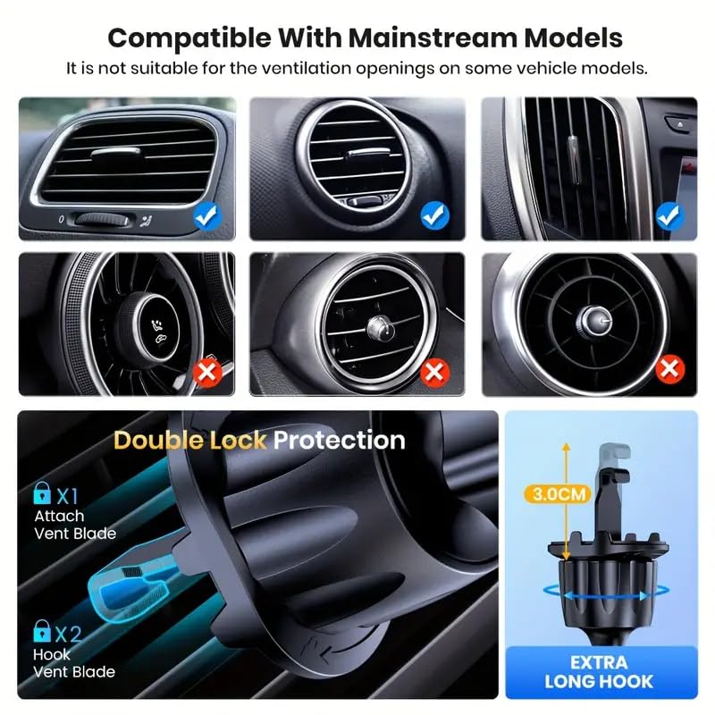 Universal Car Phone Holder Mount with Hook Clip for Air Vent | Compatible with iPhone, Samsung & More - Secure, Stable, Hands-Free Convenience