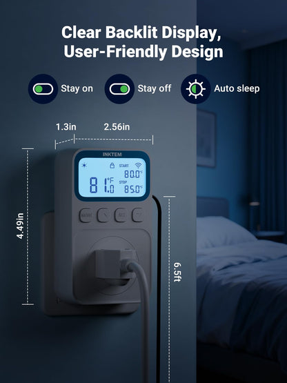 INKTEM WiFi Plug in Thermostat Outlet, Temperature Controlled Outlet with Smart APP, Timer & Memory Digital Temp Controller -40~212℉, IP67 Waterproof Probe for Incubator Homebrew Reptile Space Heater