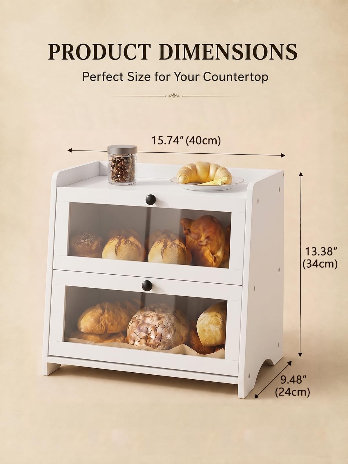 Plusinthebox White Bread Box for Kitchen Countertop, 2 Tier Large Capacity Wooden Bread Storage Container, Modern Minimalist Bread Keeper for Kitchen, Pantry and Coffee Bar Organizer
