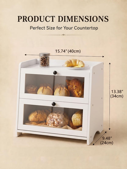 Plusinthebox White Bread Box for Kitchen Countertop, 2 Tier Large Capacity Wooden Bread Storage Container, Modern Minimalist Bread Keeper for Kitchen, Pantry and Coffee Bar Organizer