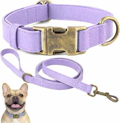 Silicone Dog Collar and Leash Set, Waterproof & Odor-Proof Puppy Collar for Small Dogs, Soft Flexible Leather-Look Dog Collars, Durable Thick Adjustable Pet Collar (Purple, Large (16-24.5" Neck))