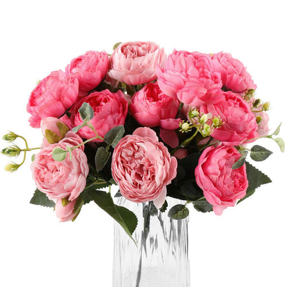 DEEMEI 4 Bundles Peonies Artificial Flowers, Fake Silk Peonies Bouquet of Flowers for Home Decor Faux Floral Table Centerpieces for Kitchen Bathroom Wedding Party Decor(Rose Red+Pink)