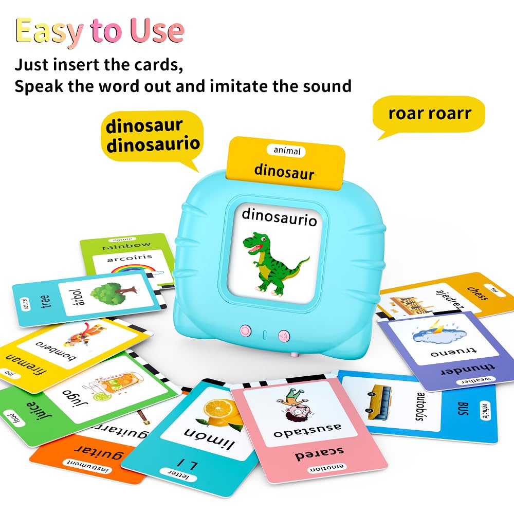Eaever Spanish English Bilingual Learning Toys, ABC Talking Flash Cards with 520 Sight Words, Autism Pocket Speech Toys, Toddler Toys for 2 3 4 5 6 Year Old, Easter Present Birthday Gift, Blue