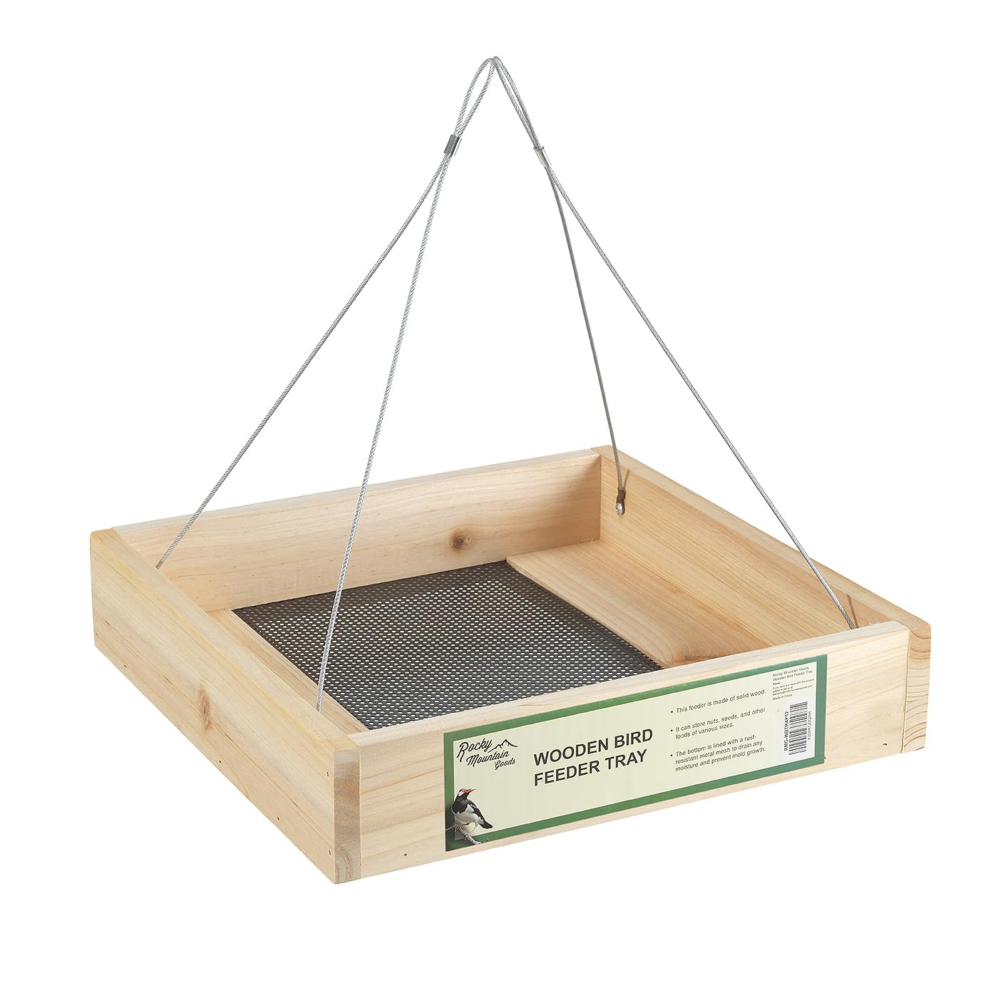 Rocky Mountain Goods Wood Bird Feeder Tray for Outside - 12" Hanging Platform Feeder for Cardinals, Jays - Universal Seed Tray with Drainage - Easy to Fill & Clean - Durable Pine + Rust-Free Hardware