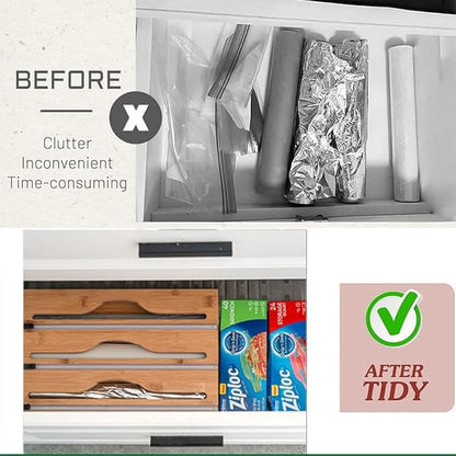 3 in 1 Plastic Wrap Dispenser with Cutter and Labels, Foil and Plastic Wrap Organizer, Aluminum Foil Organization and Storage, Foil Organizer for Drawer, Bamboo Aluminum foil Holder for 12.5"Roll Wrap