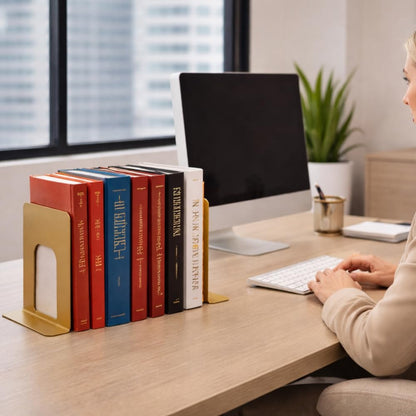 Alessk Dark Matte Gold Bookends for Shelves, Heavy Duty Metal Bookends Supports Heavy Books, Decorative Gold Stops for Home or Office Decoration - 3 Pairs (6 Pieces).