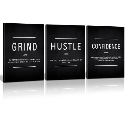 KAWAHONE Canvas Painting Wall Art, Grind Hustle Execution Motivational Wall Art Decoration Posters Prints for Living Room Bedroom, Office Decor, Gallery-Wrapped Canvas Art Set Framed Ready to Hang