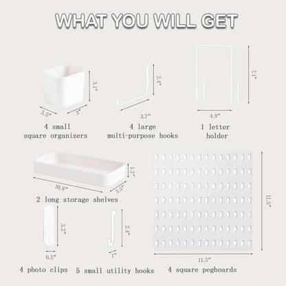 Pegboard Wall Mounted Organizer Storage Set, Includes 4 White Pegboards and 20 Hanging Accessories, 23" x 23" Plastic PegBoard Panels Combination Kit for Home, Office, Garage Tool Storage & Craft Room
