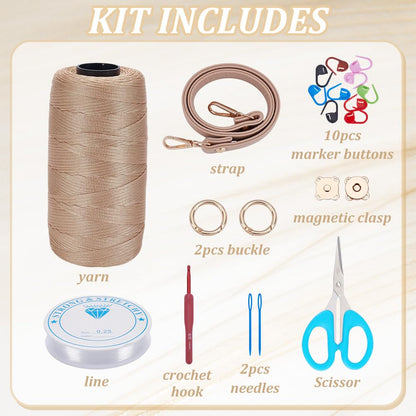 FREEBLOSS DIY Crochet Bag Making Kit Crochet Starter Kit with Video Tutorial PU Leather Handle Handmade Shoulder Bag Set for Beginners Birthday Gift Beige
