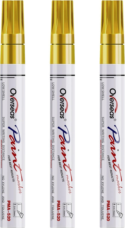 Overseas Permanent Paint Markers Pens - 3 Pack Gold Oil Based Paint Pens, Medium Tip, Quick Drying and Waterproof Marker Pen for Metal, Rock, Wood, Fabric, Plastic, Canvas, Mugs, Stone, Glass