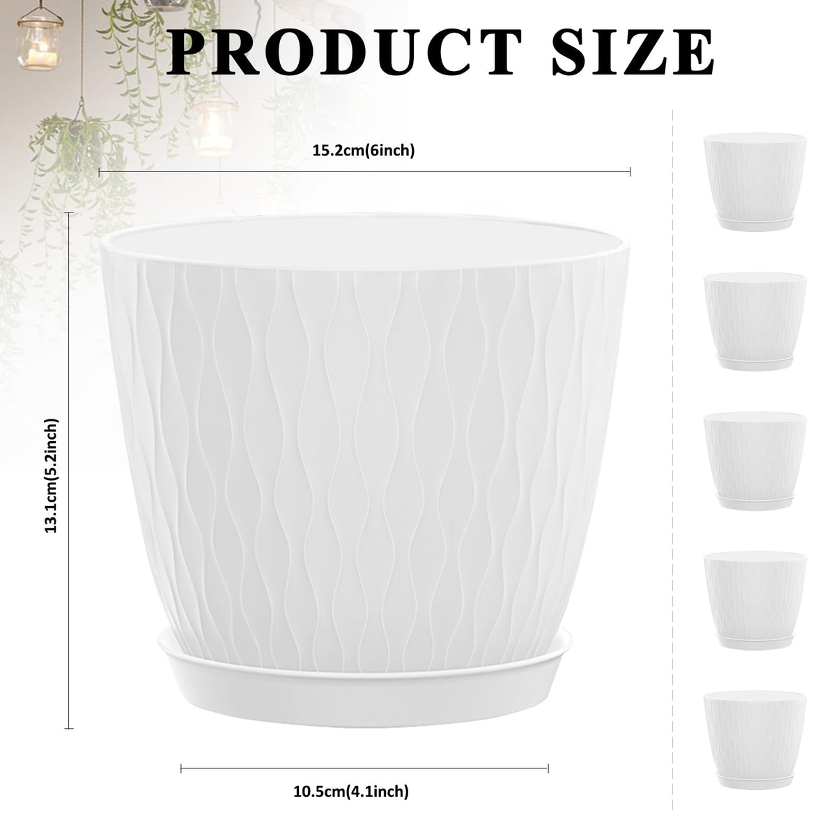 KAHEAUM 5 Pack 6 inch Planters for Outdoor Plants Indoor Plant Pots with Drainage Holes and Saucers, Modern Plastic Flower Pots for Plants Succulent Holiday Office House Home Decor Garden Pots White