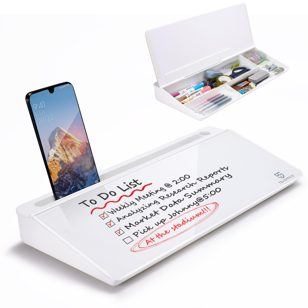 TSJ OFFICE Small Desktop Whiteboard -Glass Dry Erase Board Computer Keyboard Stand White Board Surface Pad with Drawer, Desk Organizers with Accessories for Office, Home, School Supplies - White