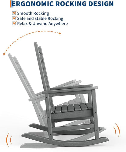 GarveeLife Outdoor Rocking Chair Set of 2, HDPE Weather Resistant Patio Rocking Chair Porch Rocker with Wood Texture & 380 LBS Support for Deck, Pool, Backyard, Gray