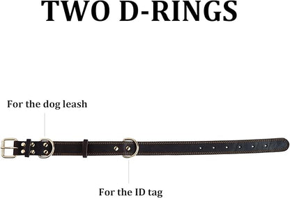 Leather Dog Collar, Genuine Heavy Duty Wide Dog Collar for Small,Medium,Large and Extra Large Dog (S: 0.8" Wide for 13.4"-15.8" Neck, Dual Stitch - Brown)