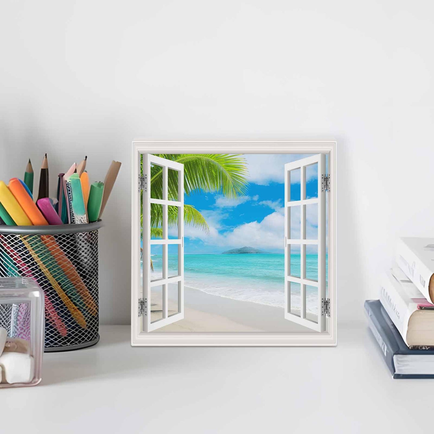 Blue Sky Beach Wood Box Sign Desk Decor, Coconut Trees Island Windows View Decorative Wooden Block Box Sign Decorations for Home Office Shelf Table Decor 6x6 Inches