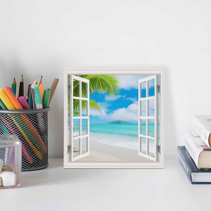 Blue Sky Beach Wood Box Sign Desk Decor, Coconut Trees Island Windows View Decorative Wooden Block Box Sign Decorations for Home Office Shelf Table Decor 6x6 Inches